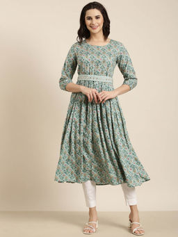 SHOWOFF - Women's Sea Green Anarkali Kurta with Belt (Set of 2)