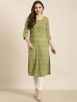 SHOWOFF - Women's Green Floral Straight Kurta