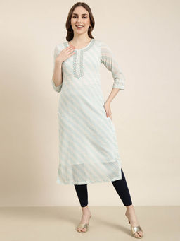 SHOWOFF - Women's Turquoise Blue Printed Straight Kurta
