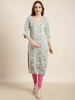 SHOWOFF - Women's Cream Floral Straight Kurta