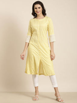 SHOWOFF - Women's Yellow Printed A-Line Kurta
