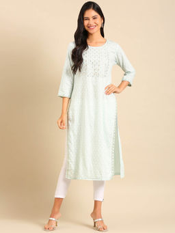 SHOWOFF - Women's Sea Green Geometric Straight Kurta