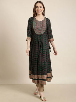 SHOWOFF - Women's Green Ethnic Motifs Anarkali Kurta