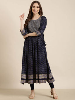 SHOWOFF - Women's Navy Blue Floral Anarkali Kurta