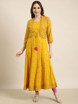 SHOWOFFFF - Women's Mustard Floral Anarkali Kurta with Shrug (Set of 2)