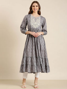 SHOWOFF - Women's Grey Floral Anarkali Kurta