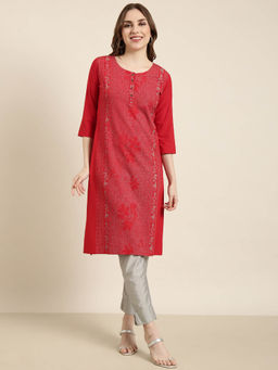SHOWOFF - Women's Red Floral Straight Kurta