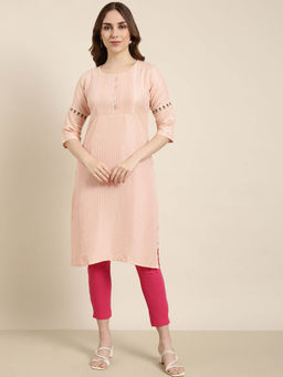 SHOWOFF - Women's Peach Striped Straight Kurta