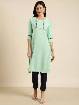 SHOWOFF - Women's Sea Green Embroidered Straight Kurta