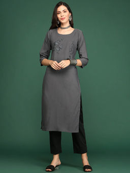 SHOWOFF - Women's Grey Thread Work Straight Kurta