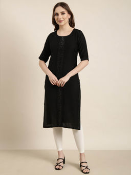 SHOWOFF - Women's Black Solid Straight Kurta
