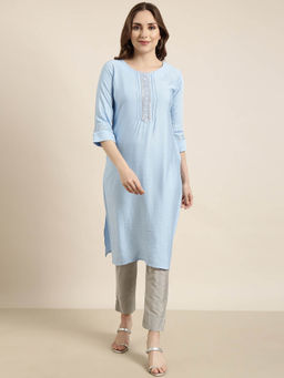 SHOWOFF - Women's Blue Embroidered Straight Kurta