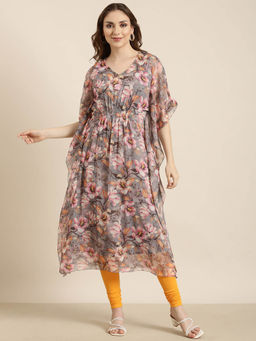 SHOWOFFFF - Women's Grey Floral Kaftan with Detachable Inner Lining (Set of 2)