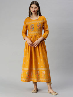 SHOWOFF - Women's Mustard Printed Ethnic Motifs A-Line Kurta