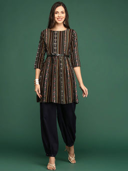 SHOWOFF - Women's Multi-Color Floral Anarkali Kurta with Belt (Set of 2)