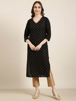 SHOWOFFFF - Women's Black Printed Straight Kurta