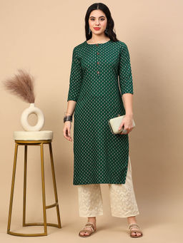 SHOWOFF - Women's Green Printed Motifs Straight Kurta