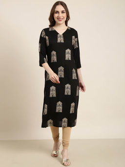 SHOWOFFFF - Women's Black Ethnic Motifs Straight Kurta