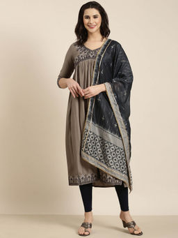 SHOWOFF - Women's Grey Printed Anarkali Kurta with Dupatta (Set of 2)