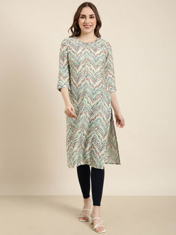 SHOWOFF - Women's Beige Striped Straight Kurta