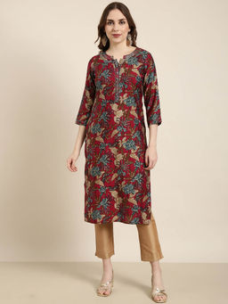 SHOWOFF - Women's Maroon Floral Straight Kurta
