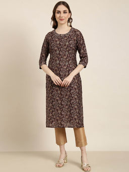 SHOWOFF - Women's Brown Paisley Printed Straight Kurta