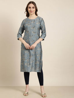 SHOWOFF - Women's Blue Floral Straight Kurta