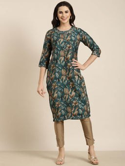 SHOWOFFFF - Women's Teal Floral Straight Kurta