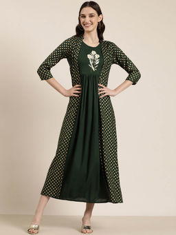 SHOWOFFFF - Women's Olive Printed Anarkali Kurta with Shrug (Set of 2)