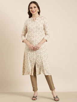 SHOWOFF - Women's Beige Printed A-Line Kurta