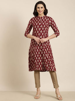 SHOWOFF - Women's Maroon Ethnic Motifs Straight Kurta