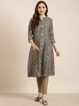 SHOWOFF - Women's Grey Ethnic Motifs A-Line Kurta