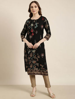 SHOWOFF - Women's Black Floral Straight Kurta