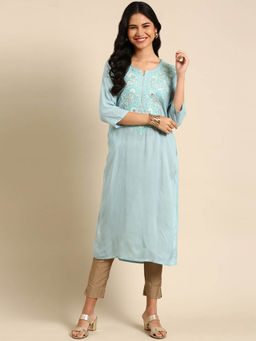 SHOWOFF - Women's Blue Embroidered Straight Kurta