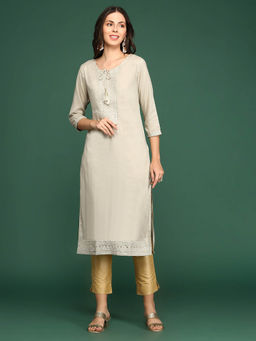 SHOWOFF - Women's Cream Embroidered Straight Kurta