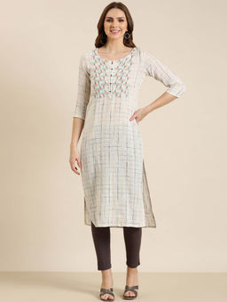 SHOWOFF - Women's Cream Checked Straight Kurta