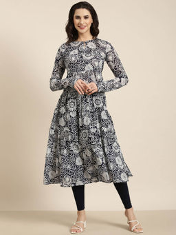 SHOWOFF - Women's Navy Blue Floral Anarkali Kurta