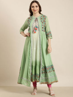 SHOWOFFFF - Women's Green Floral Anarkali Kurta with Shrug (Set of 2)