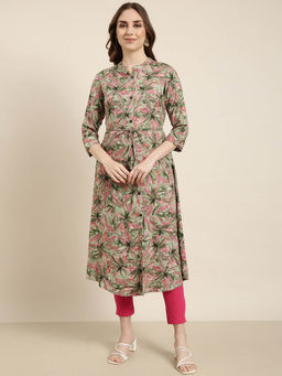SHOWOFF - Women's Green Floral A-Line Kurta with Belt (Set of 2)