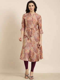 SHOWOFF - Women's Peach Printed A-Line Kurta with Belt (Set of 2)