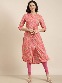 SHOWOFF - Women's Pink Floral A-Line Kurta with Belt (Set of 2)