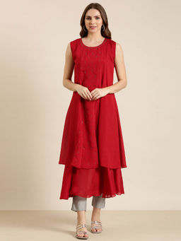 SHOWOFF - Women's Red Embellished A-Line Kurta
