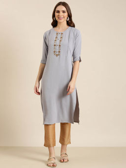 SHOWOFFFF - Women's Grey Embellished Straight Kurta