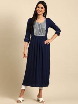 SHOWOFF - Women's Navy Blue Embroidered Straight Kurta
