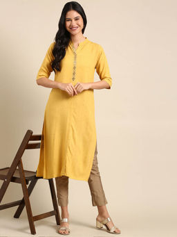 SHOWOFF - Women's Mustard Embellished Straight Kurta