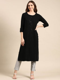 SHOWOFFFF - Women's Black Solid Straight Kurta