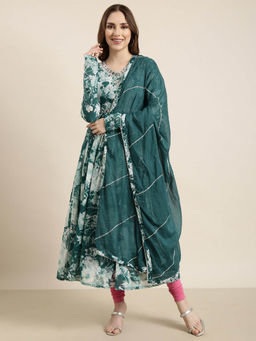 SHOWOFF - Women's Teal Floral Anarkali Kurta with Dupatta (Set of 2)