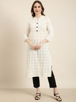 SHOWOFF - Women's Cream Embroidered Straight Kurta
