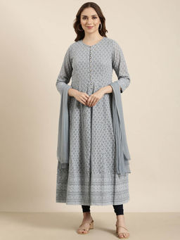 SHOWOFF - Women's Grey Embellished Anarkali Kurta with Inner Lining and Dupatta (Set of 3)