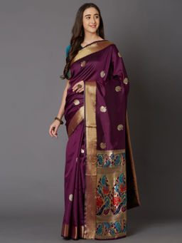 Akhilam - Purple Wedding Silk Blend Woven Design Saree with Unstitched Blouse